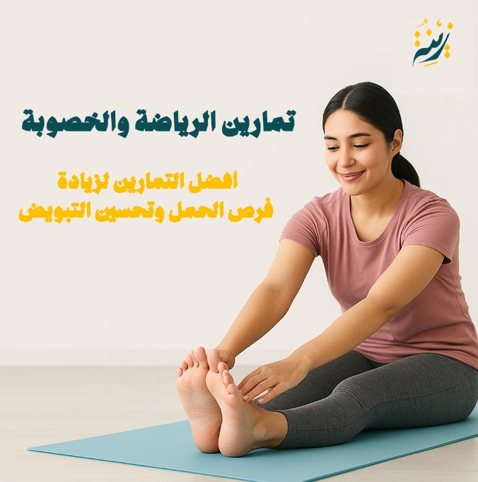 امرأة تقوم بتمرين تمدّد على سجادة رياضية، ويظهر خلفها نص يتحدث عن تمارين الرياضة والخصوبة وزيادة فرص الحمل وتحسين التبويض