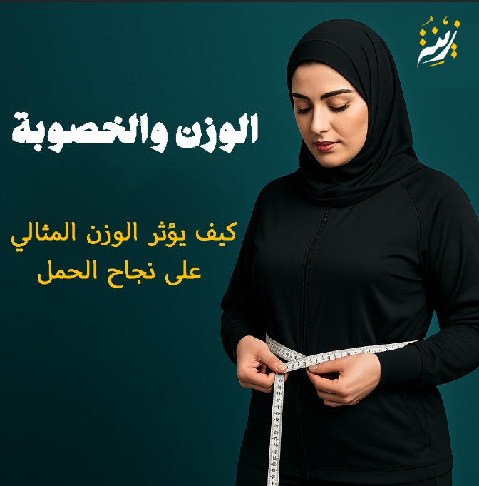 امرأة ترتدي حجابًا تمسك بشريط قياس، وخلفها نص مكتوب يشير إلى موضوع الوزن والخصوبة وعلاقتهما بالحمل